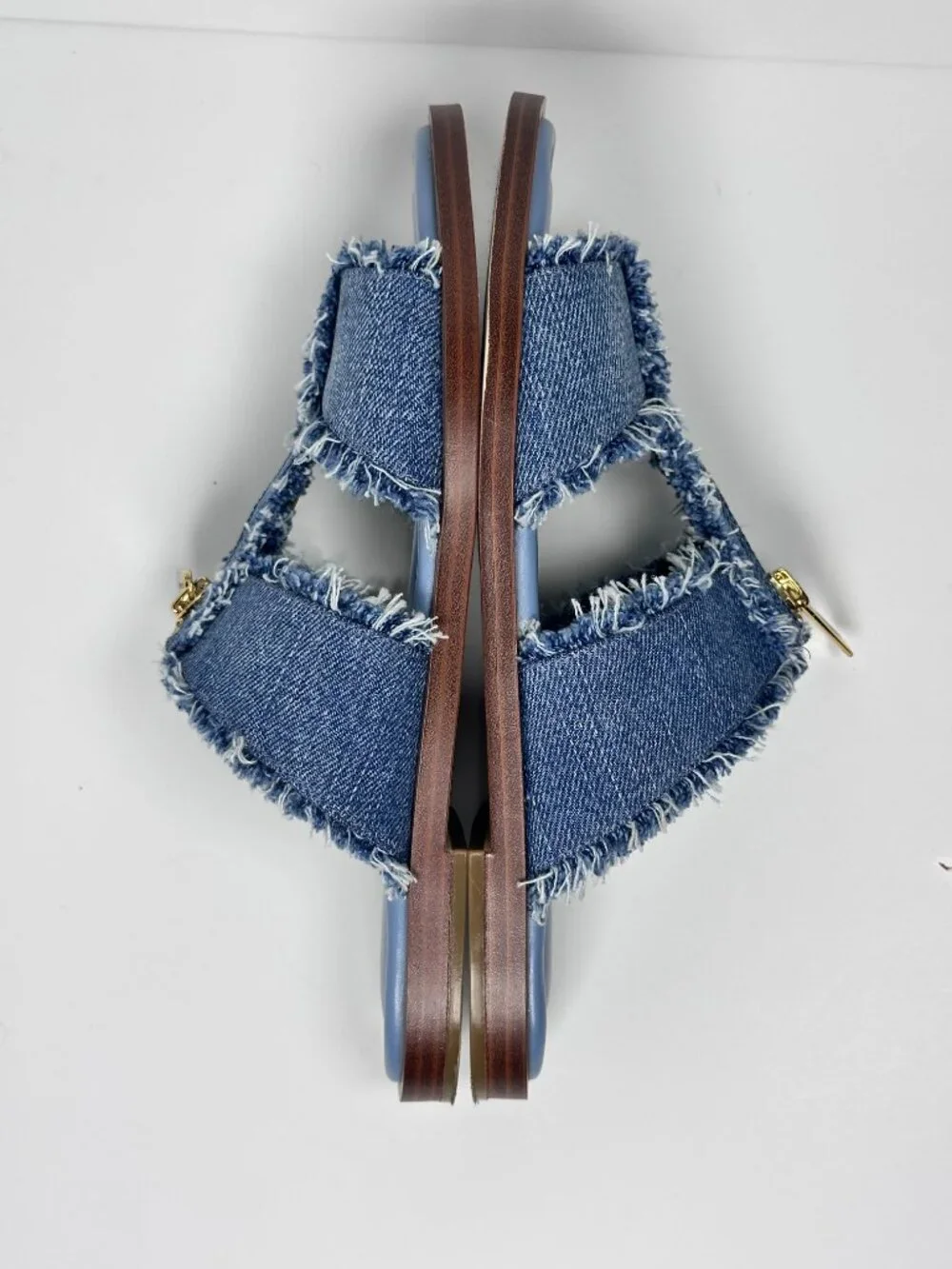 Michael Kors Berkley Denim Sandals Women 7M Blue Frayed Zip Slide Flat Shoes